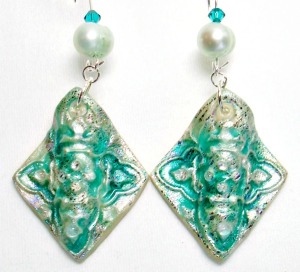 Teal Freshwater Pearl Earrings with liquid clay water droplets
